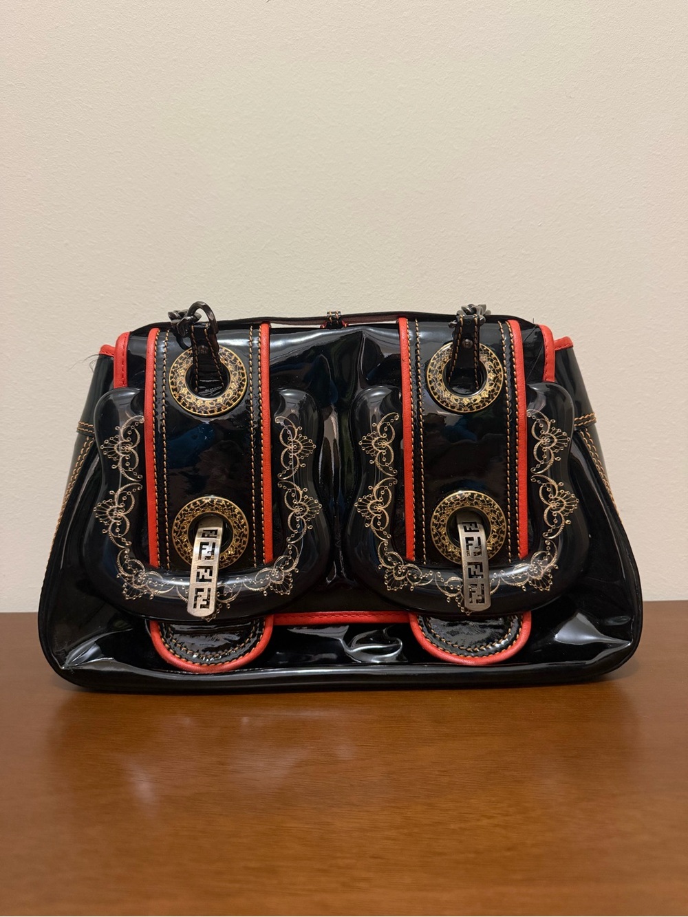 Fendi Patent Black Orange Horseshoe Shoulder Bag Made In Italy MSRP $2230
